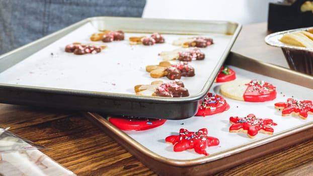 Crafting star-shaped holiday cookies dipped in chocolate and sprinkled with variety of toppings.