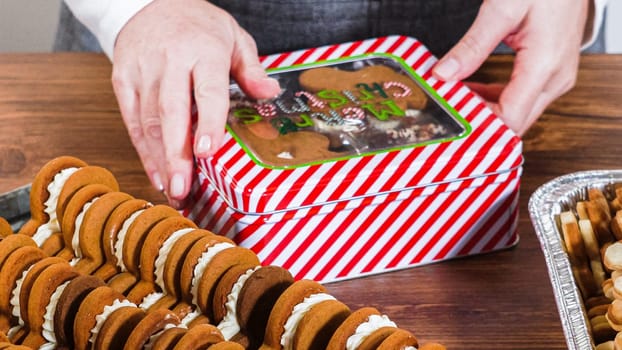 Lovingly homemade gingerbread and sugar cookies, half-dipped in rich chocolate, nestled in decorative Christmas tin boxes perfect for seasonal gifting.