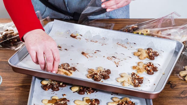 Carefully packaging Christmas cutout cookies, half-dipped in chocolate and presented in clear cellophane wrapping, perfect for festive gifting.