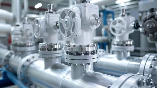 A group of pipes with valves and other equipment in a factory