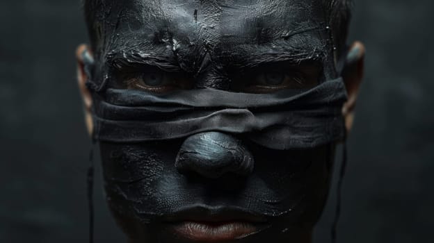 A man with black face paint and a blindfold over his eyes