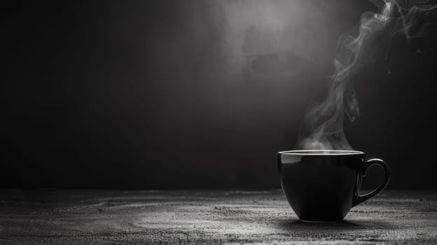 A black and white photo of a steaming cup on the table