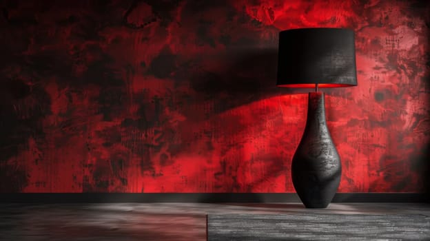 A black lamp with a red wall behind it and the floor