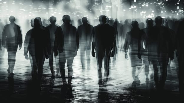 A group of people walking on a street at night