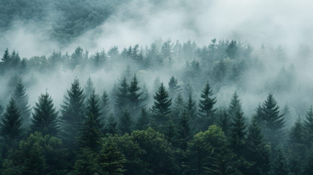 A forest with a lot of trees and fog in the air