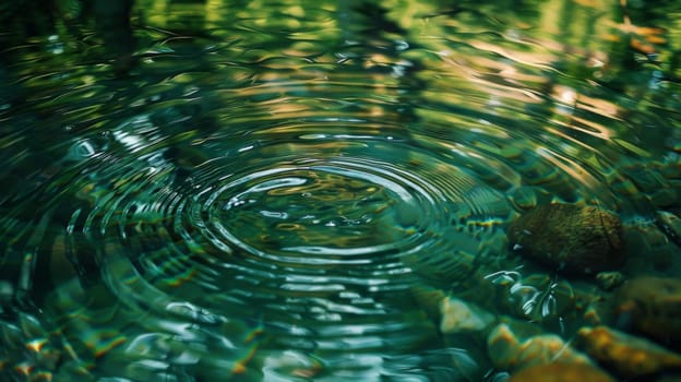 A close up of a water ripple in the middle of some green grass