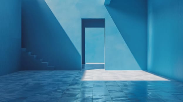 A blue room with a door and stairs leading to it