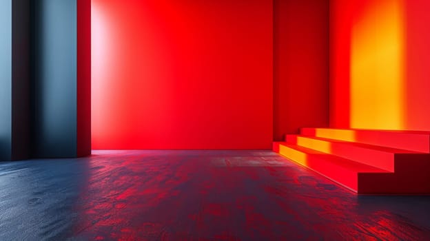A red and blue room with a bright light source