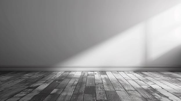 A black and white photo of a room with wood floors