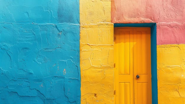 A yellow door on a blue and orange painted wall