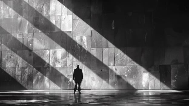 A person standing in a room with large windows and light