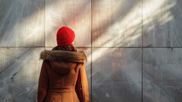 A woman in a red hat standing next to a wall