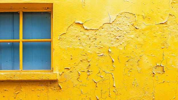 A yellow wall with peeling paint and a blue window