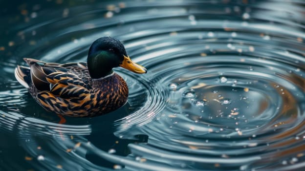 A duck swimming in a pond with ripples on the surface