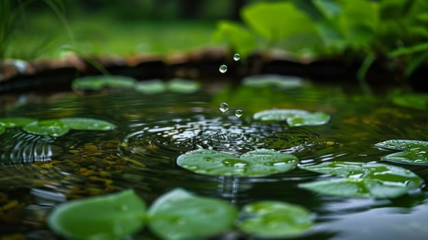 A pond with water lily leaves and a small drop of rain