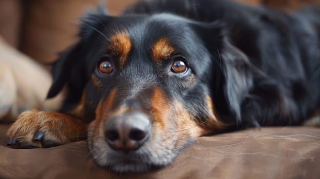 A close up of a dog laying on the couch with its eyes closed