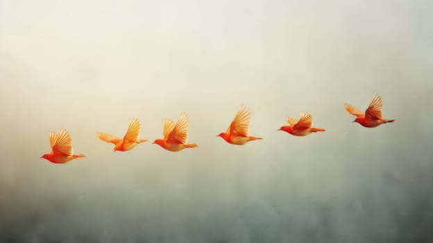 A group of birds flying in a line against the sky