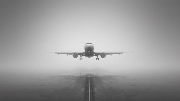 A large airplane flying in the fog with a runway behind it