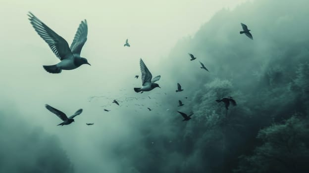 A flock of birds flying in the air over a foggy mountain