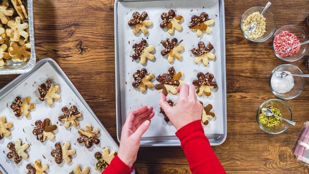 Flat lay. Carefully packaging Christmas cutout cookies, half-dipped in chocolate, sprinkled with crushed nuts, and presented in clear cellophane wrapping.