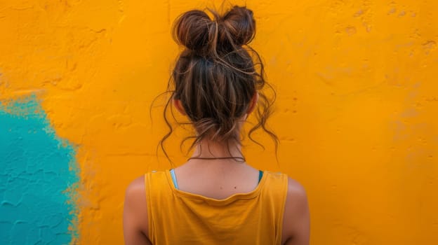 A woman with a messy bun and yellow shirt against orange wall
