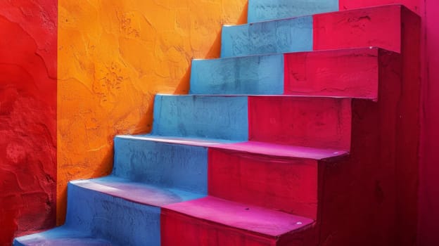 A set of stairs painted in different colors are next to a wall