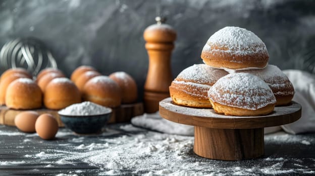 A table with a pile of doughnuts and eggs on it