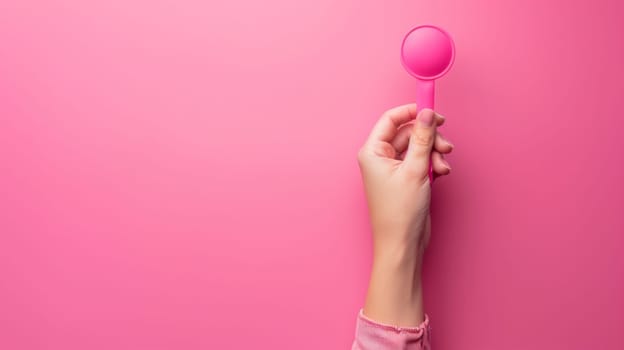 A person holding a pink spoon against a bright background