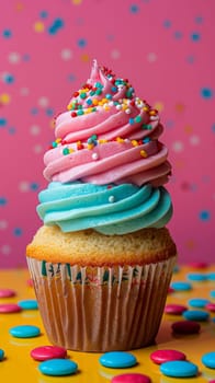 A cupcake with a colorful frosting on top of yellow and pink colored paper