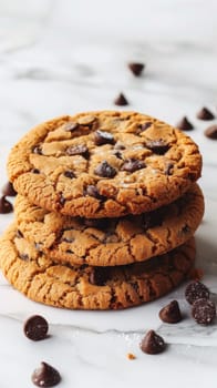 A stack of chocolate chip cookies on a marble counter