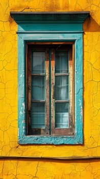 A window of a yellow building with blue trim and green shutters
