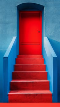 A red door with blue steps leading up to it in front of a wall