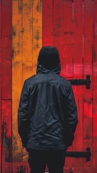 A person standing in front of a red and yellow wall