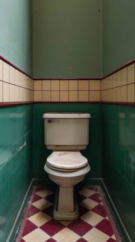 A toilet in a small bathroom with green and white tiles