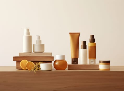 Unobtrusive background with cosmetic jars for aromatherapy on wooden podiums. Oil and cream with lemon seed and herbs extract in a white glass dropper. Natural cosmetics concept. Copy space