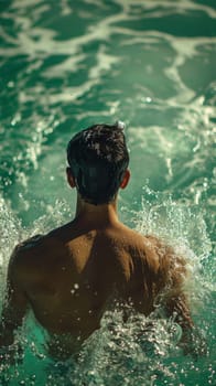 A man swimming in a pool of water with no shirt on