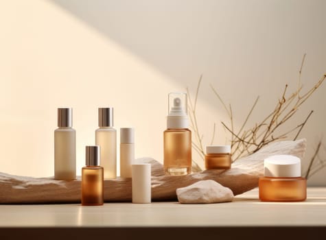 Aromatherapy and skincare concept. Cosmetic jars and dispensers with eco cosmetics on a stone tray on a light background with plant. Showcase stand for advertising and product presentation. Copy space.