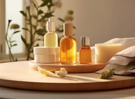 Set of amber glass serum bottles on wooden podiums for aromatherapy with candle, flowers and plant in the background. Liquid skin or hair care product and soap. Natural cosmetics concept. Copy space.