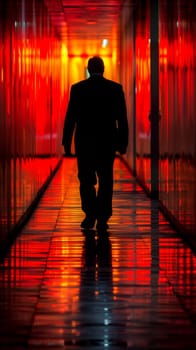 A man walking down a hallway with red lights on the wall