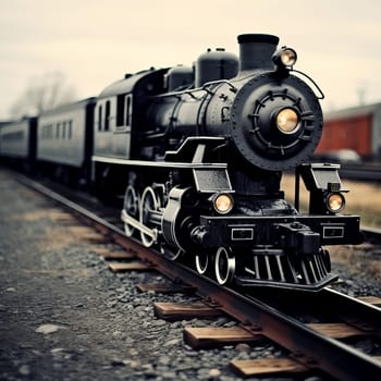 Retro steam locomotive on rails with carriages behind. Old steam train departs from the station wooden platform at cloudy autumn evening with the spotlight on - nostalgic colors