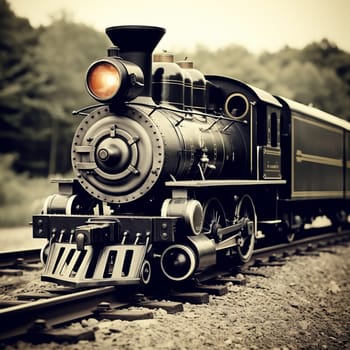 Retro steam locomotive on rails with carriages behind. Old steam train departs from the station wooden platform at cloudy autumn evening with the spotlight on - black and white concept