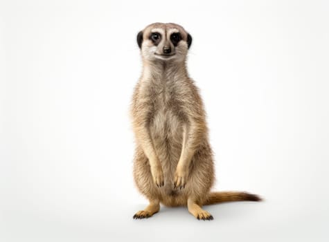 A meerkat standing on its hind legs, looking at the camera against a white background