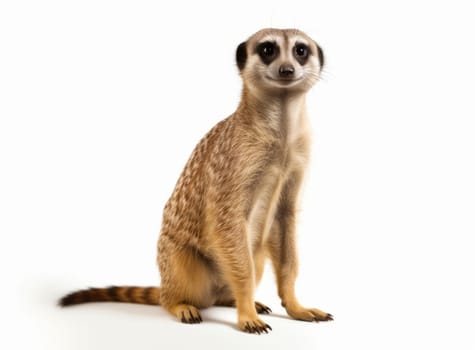 Beautiful small meerkat sitting and looks into the camera isolated on a white background. Cute Suricata suricatta sit upright facing front close up