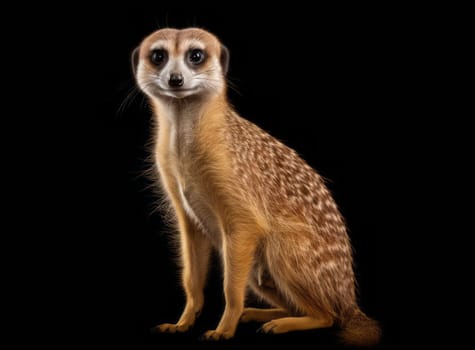 Focused meerkat with brown fur standing alert against a stark black background, showcasing the beauty of wildlife