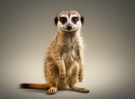 Meerkat standing upright, showcasing its detailed fur and alert posture against a gradient background
