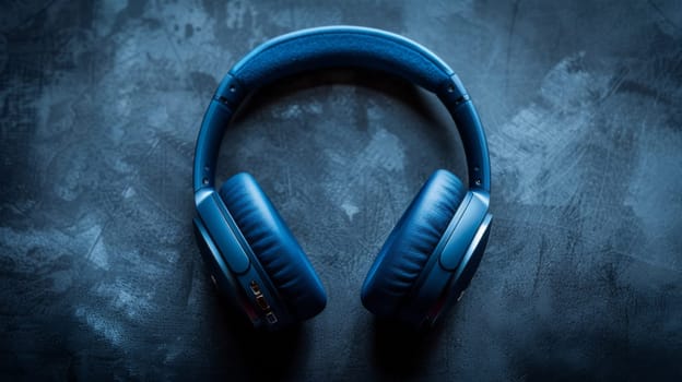 A pair of blue headphones laying on a dark surface