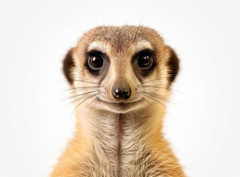 A female meerkat head close-up, looking at the camera against a white background