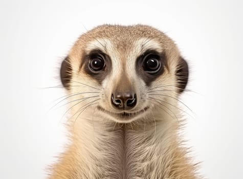 A male meerkat head close-up, looking at the camera against a white background