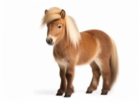 A Shetland pony with a blonde mane and tail standing in profile on a white background