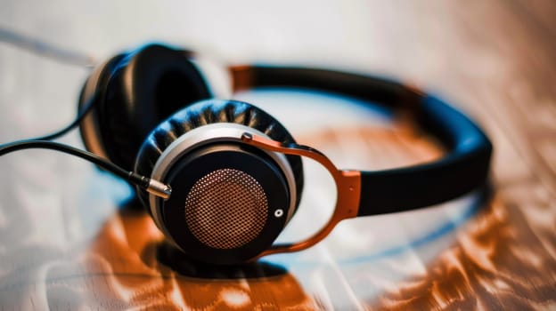A close up of a pair of headphones on top of wood